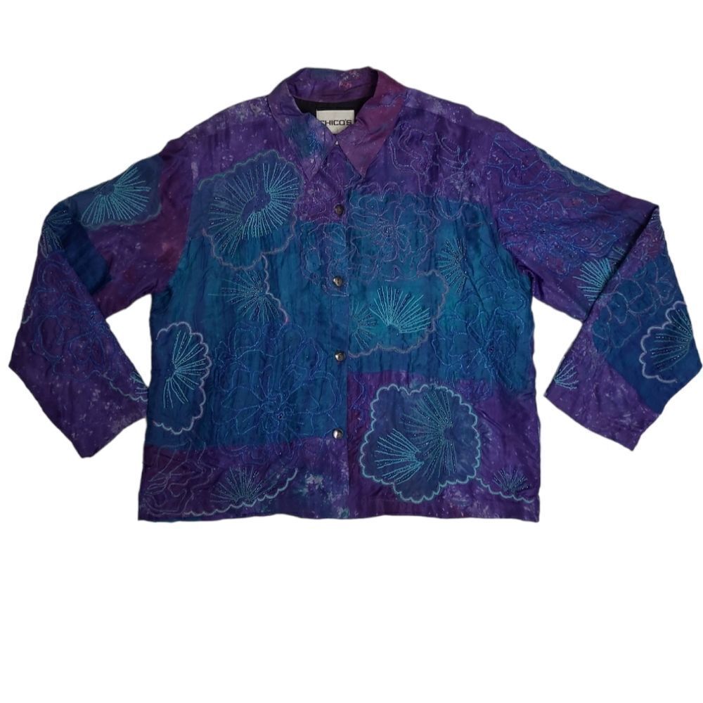 VINTAGE 90s Chico's purple blue silk embroidered button up shacket top XL/3